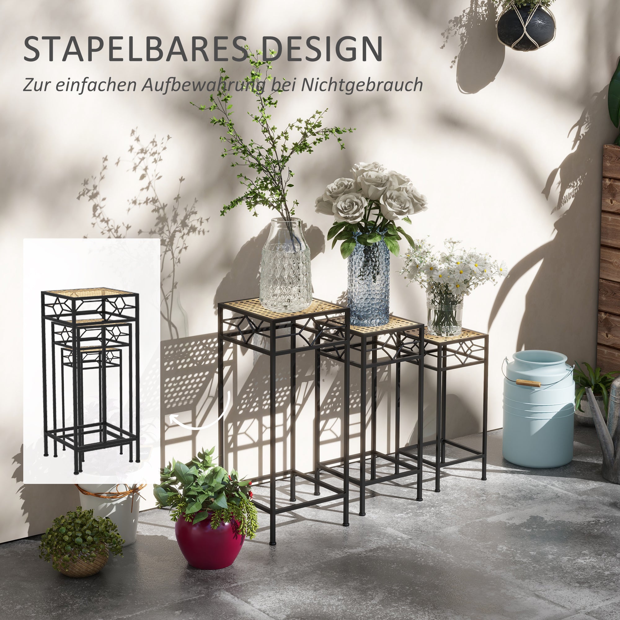 3-Piece Plant Stand Stackable Flower Stool Flower Pot Holder with Rattan Look Plant Stool for Garden Balcony Metal Gold