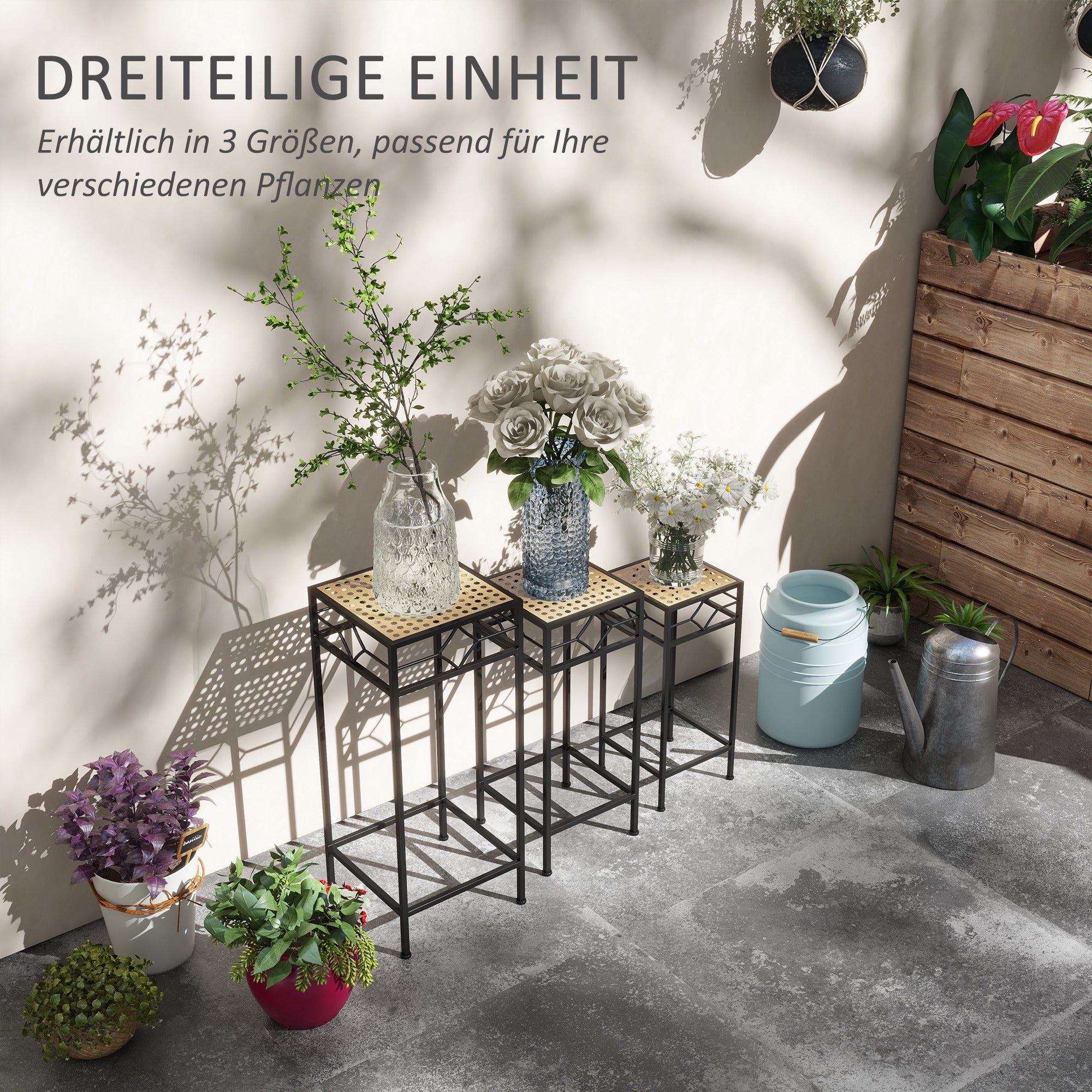 3-Piece Plant Stand Stackable Flower Stool Flower Pot Holder with Rattan Look Plant Stool for Garden Balcony Metal Gold