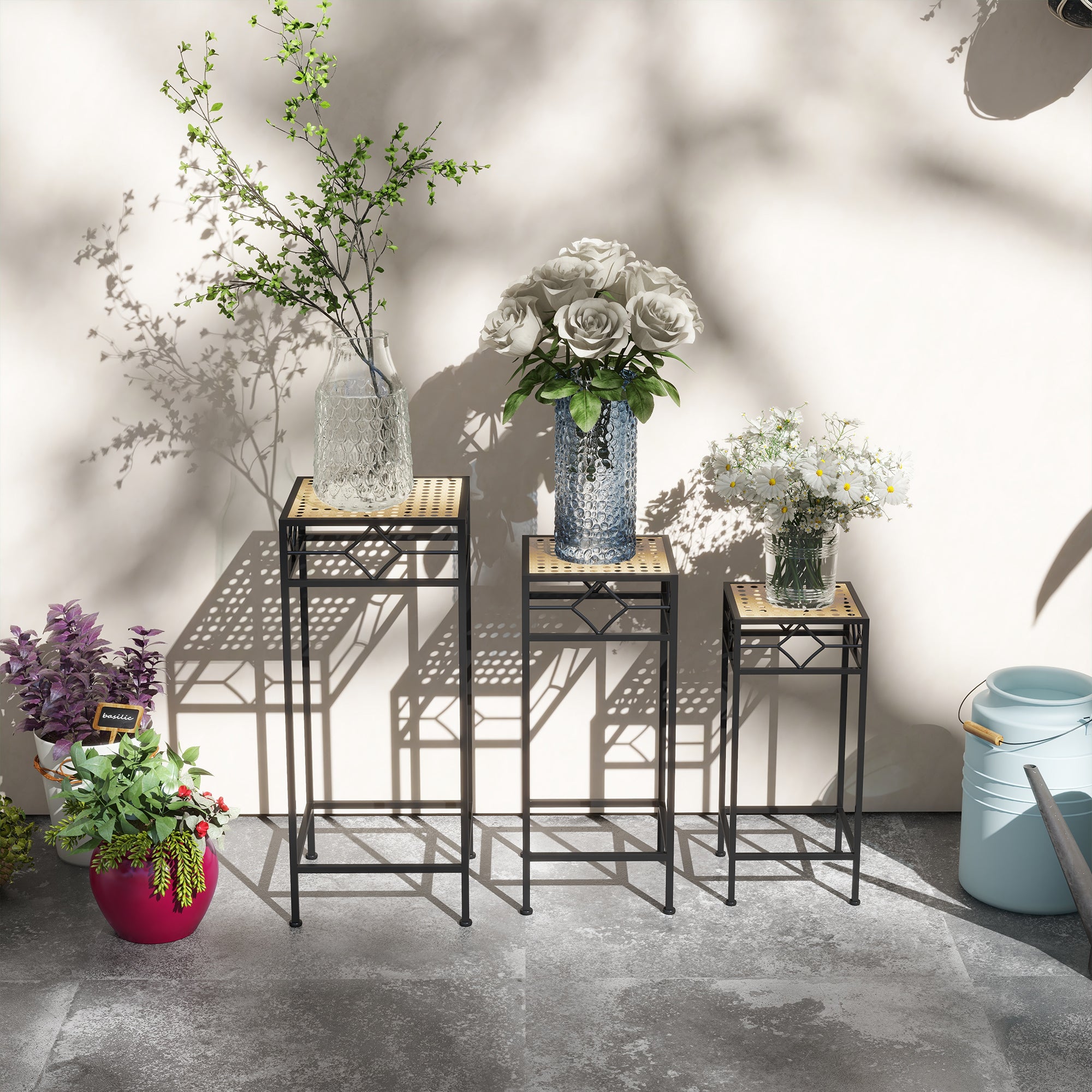 3-Piece Plant Stand Stackable Flower Stool Flower Pot Holder with Rattan Look Plant Stool for Garden Balcony Metal Gold