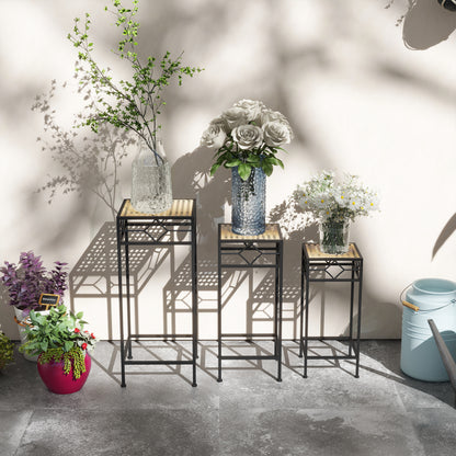 3-Piece Plant Stand Stackable Flower Stool Flower Pot Holder with Rattan Look Plant Stool for Garden Balcony Metal Gold