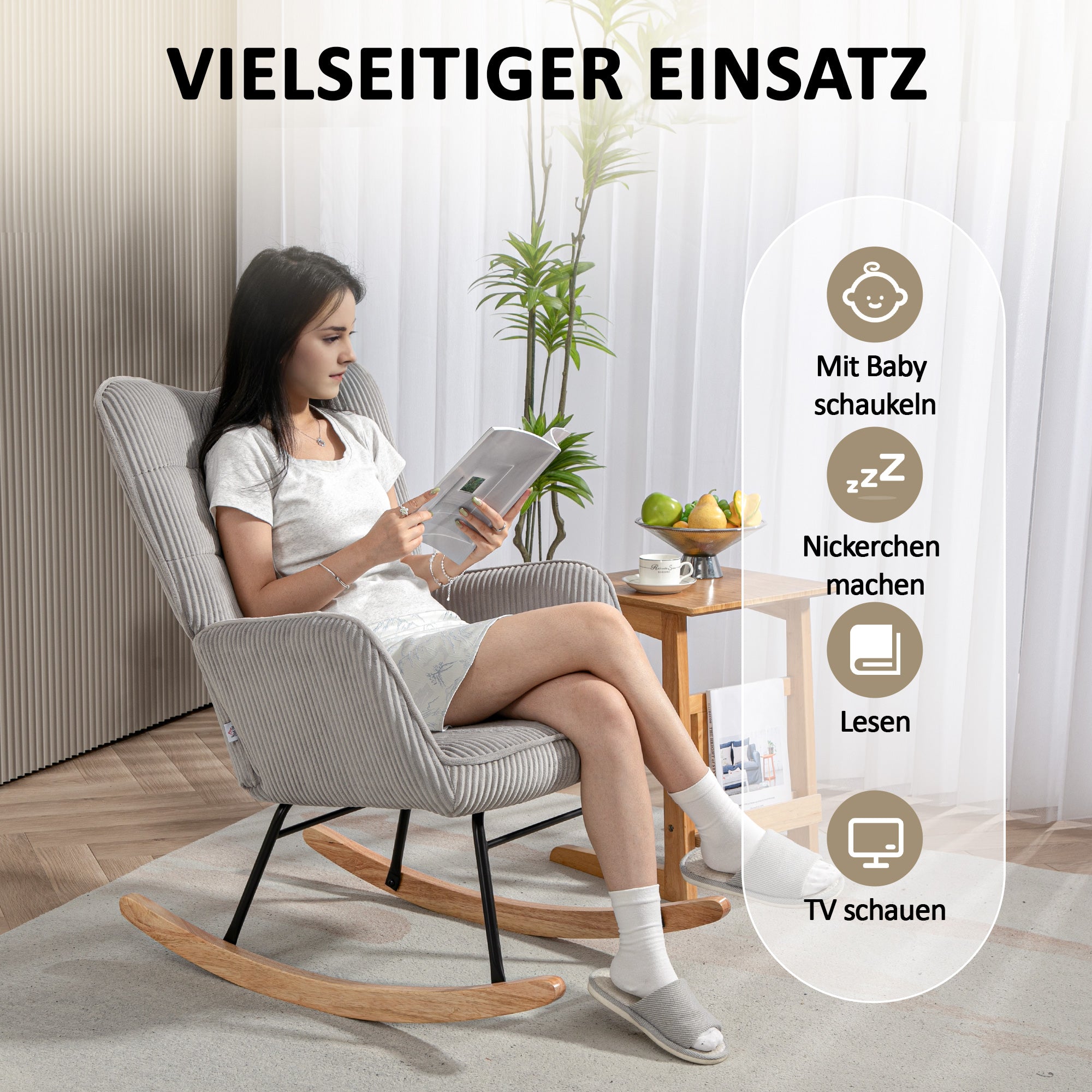 Rocking Chair, Rocking Armchair with Cord Optic, Armrest, Padded Chair with Wooden Rockers, Recliner for Living Room, Bedroom, Up to 120kg Load Capacity, Light Gray