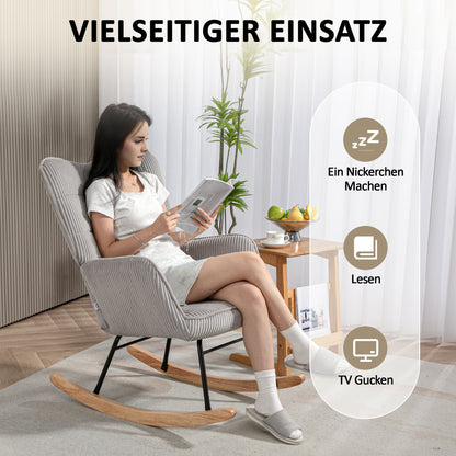 Schaukelstuhl, Schaukelsessel mit Kordoptik, Armlehne, Gepolsterter Sessel mit Holzkufen, Relaxsessel für Wohnzimmer, Schlafzimmer, bis 120kg belastbar, Hellgrau