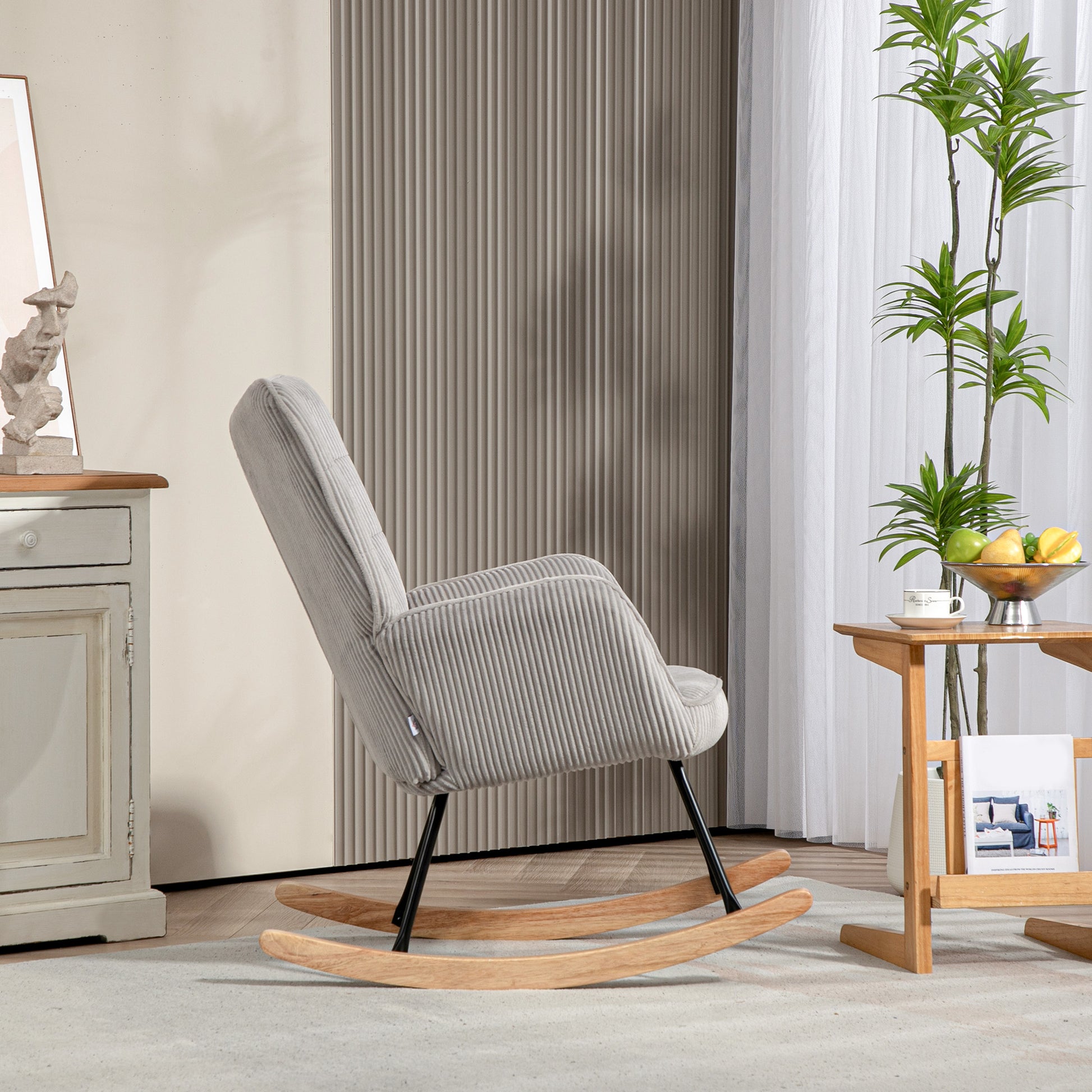 Rocking Chair, Rocking Armchair with Cord Optic, Armrest, Padded Chair with Wooden Rockers, Recliner for Living Room, Bedroom, Up to 120kg Load Capacity, Light Gray