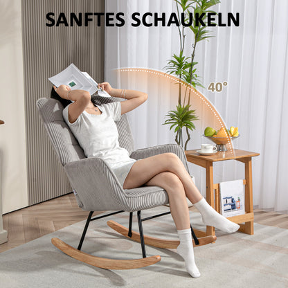 Schaukelstuhl, Schaukelsessel mit Kordoptik, Armlehne, Gepolsterter Sessel mit Holzkufen, Relaxsessel für Wohnzimmer, Schlafzimmer, bis 120kg belastbar, Hellgrau