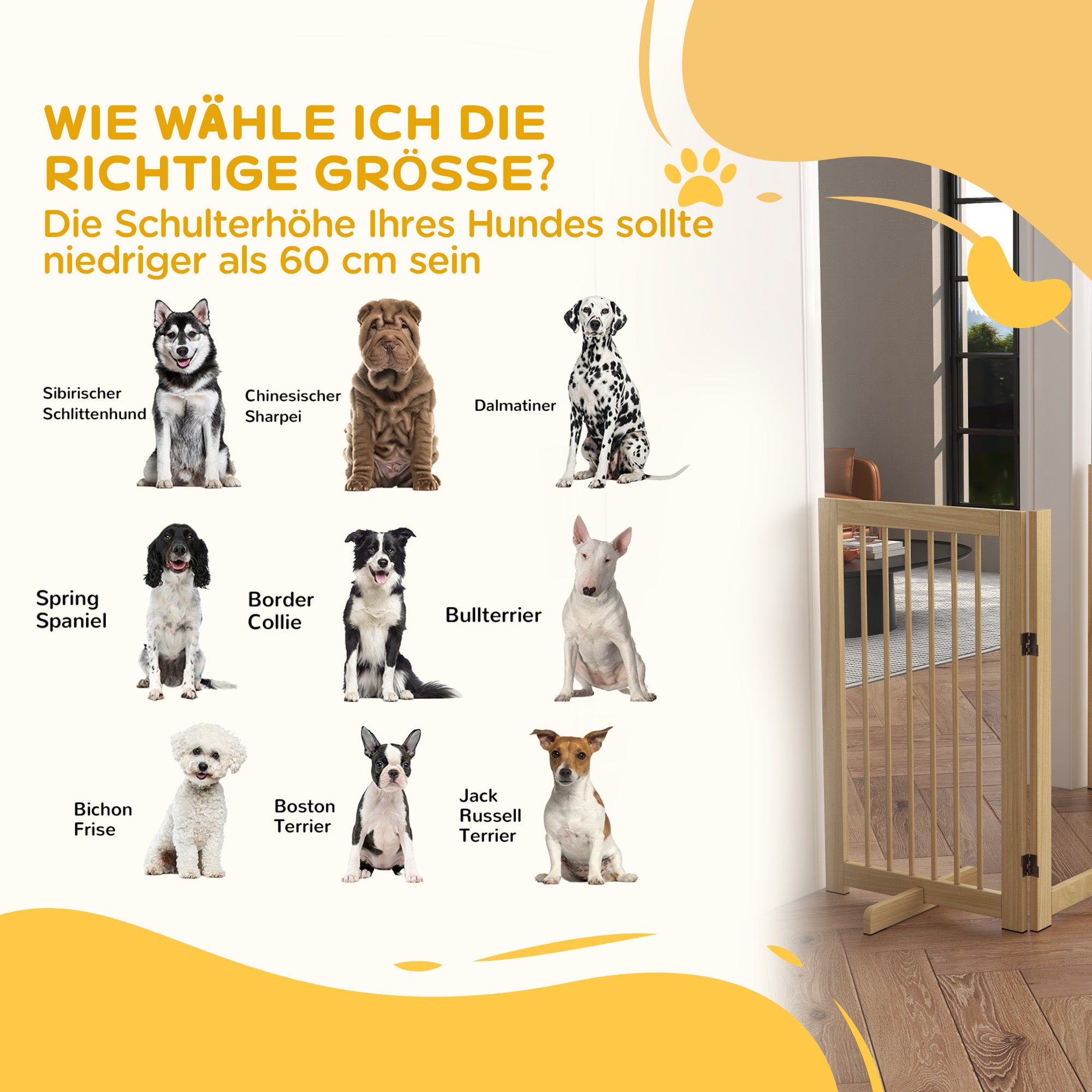 Barrier Gate Dog Freestanding Safety Gate with Feet 220 x 91 cm Wood Dog Gate Stair Safety Gate Door Safety Gate Stair Gate for stairs, doors, kitchen, hallway, 4 Panels, Natural Wood