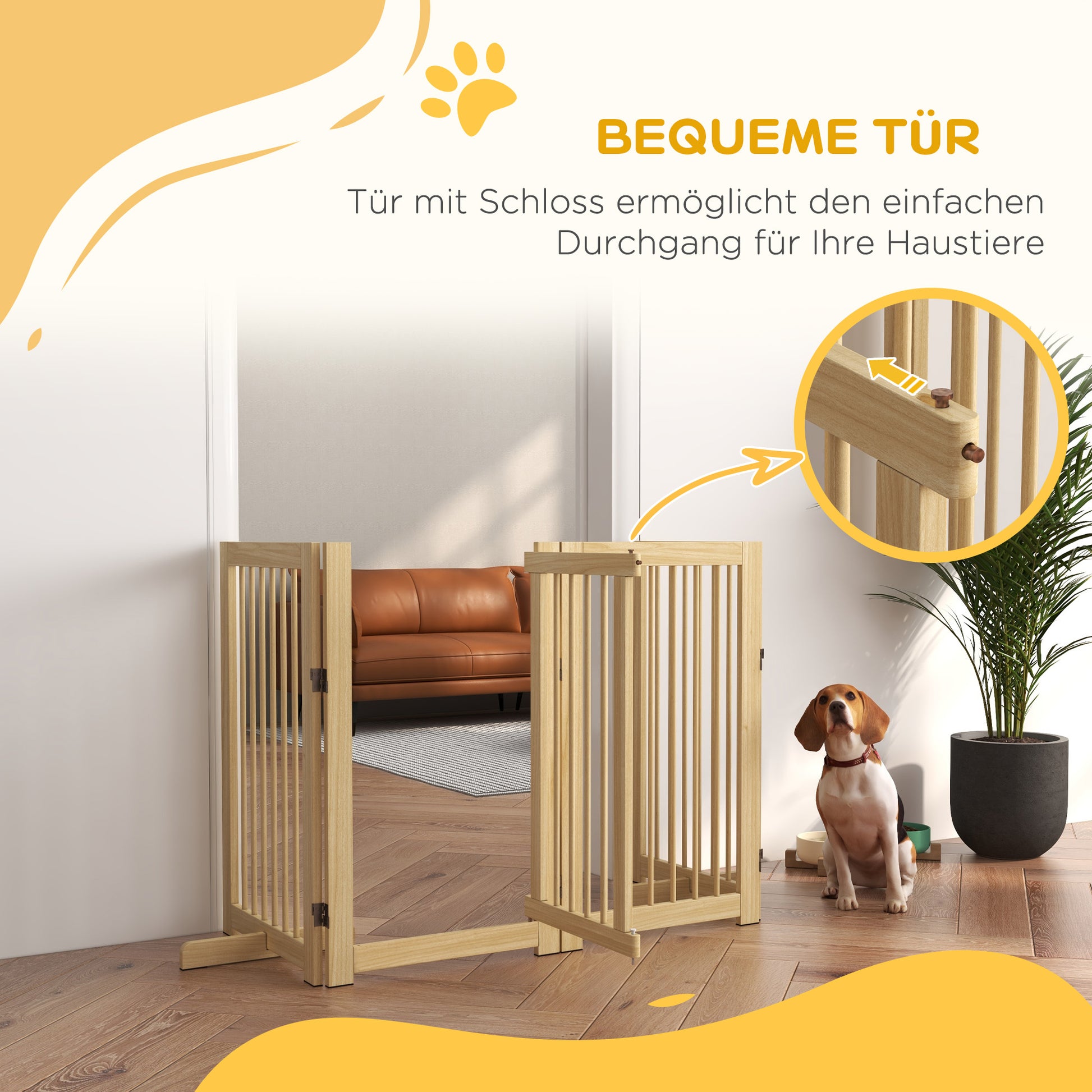 Barrier Gate Dog Freestanding Safety Gate with Feet 220 x 91 cm Wood Dog Gate Stair Safety Gate Door Safety Gate Stair Gate for stairs, doors, kitchen, hallway, 4 Panels, Natural Wood