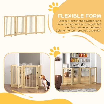 Barrier Gate Dog Freestanding Safety Gate with Feet 220 x 91 cm Wood Dog Gate Stair Safety Gate Door Safety Gate Stair Gate for stairs, doors, kitchen, hallway, 4 Panels, Natural Wood