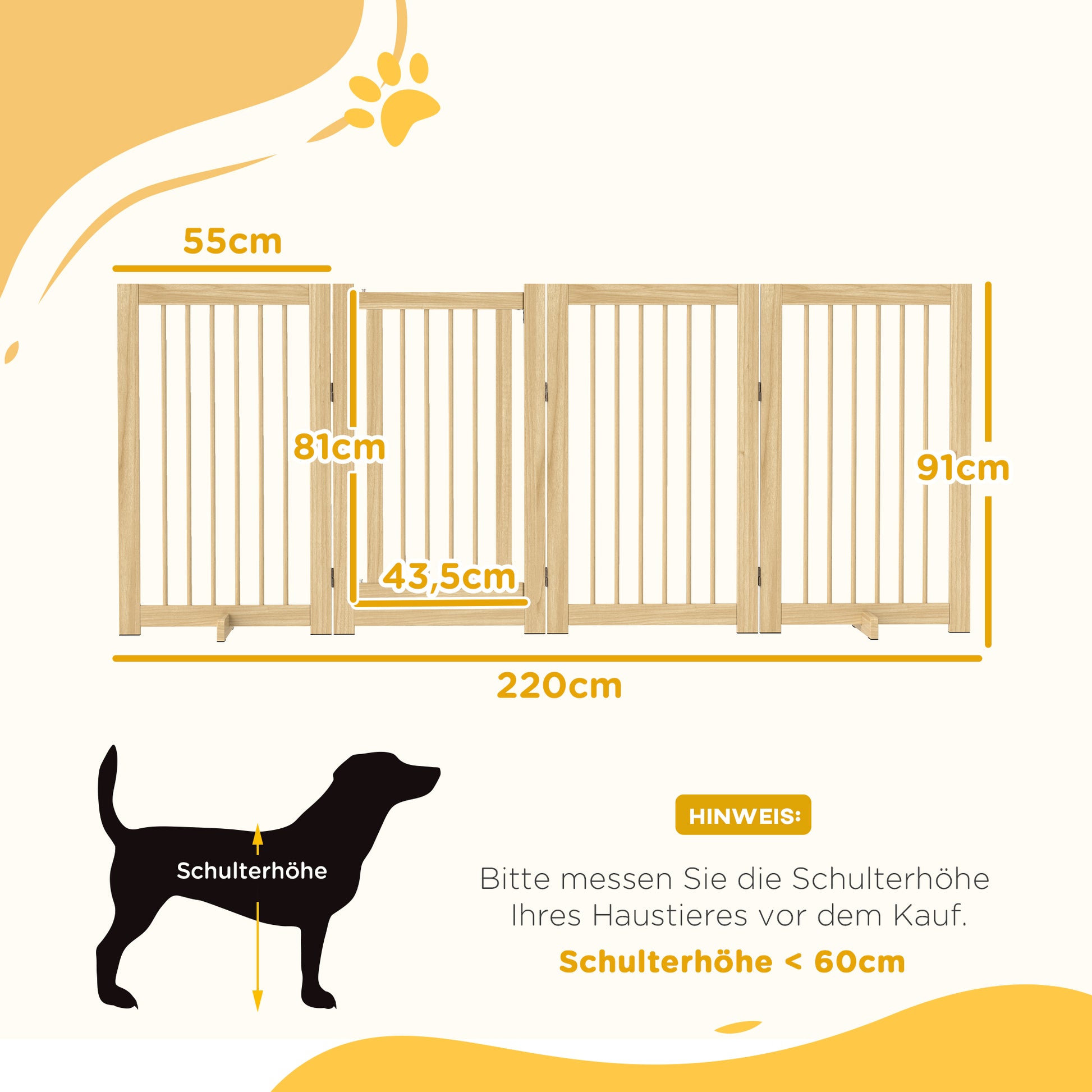 Barrier Gate Dog Freestanding Safety Gate with Feet 220 x 91 cm Wood Dog Gate Stair Safety Gate Door Safety Gate Stair Gate for stairs, doors, kitchen, hallway, 4 Panels, Natural Wood