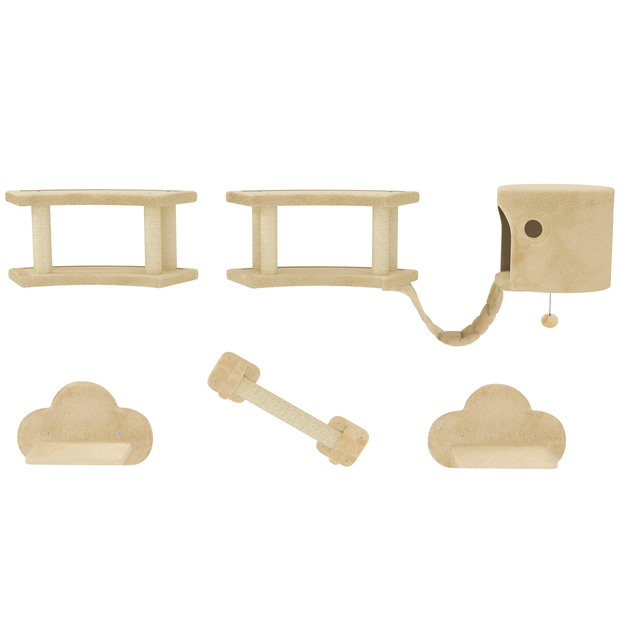 Cat Climbing Wall Set, 5-piece Cat Furniture with Scratching Post, Jumping Platforms, Ladder, House, Cat Wall Structure, for Cats up to 5 kg, Plush, Beige