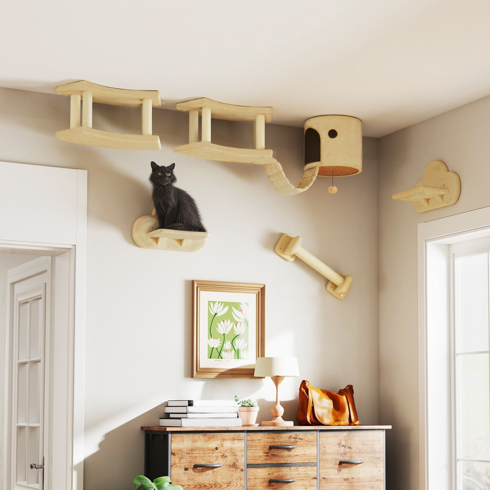 Cat Climbing Wall Set, 5-piece Cat Furniture with Scratching Post, Jumping Platforms, Ladder, House, Cat Wall Structure, for Cats up to 5 kg, Plush, Beige