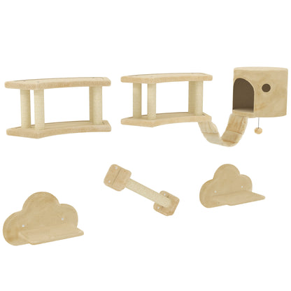 Cat Climbing Wall Set, 5-piece Cat Furniture with Scratching Post, Jumping Platforms, Ladder, House, Cat Wall Structure, for Cats up to 5 kg, Plush, Beige