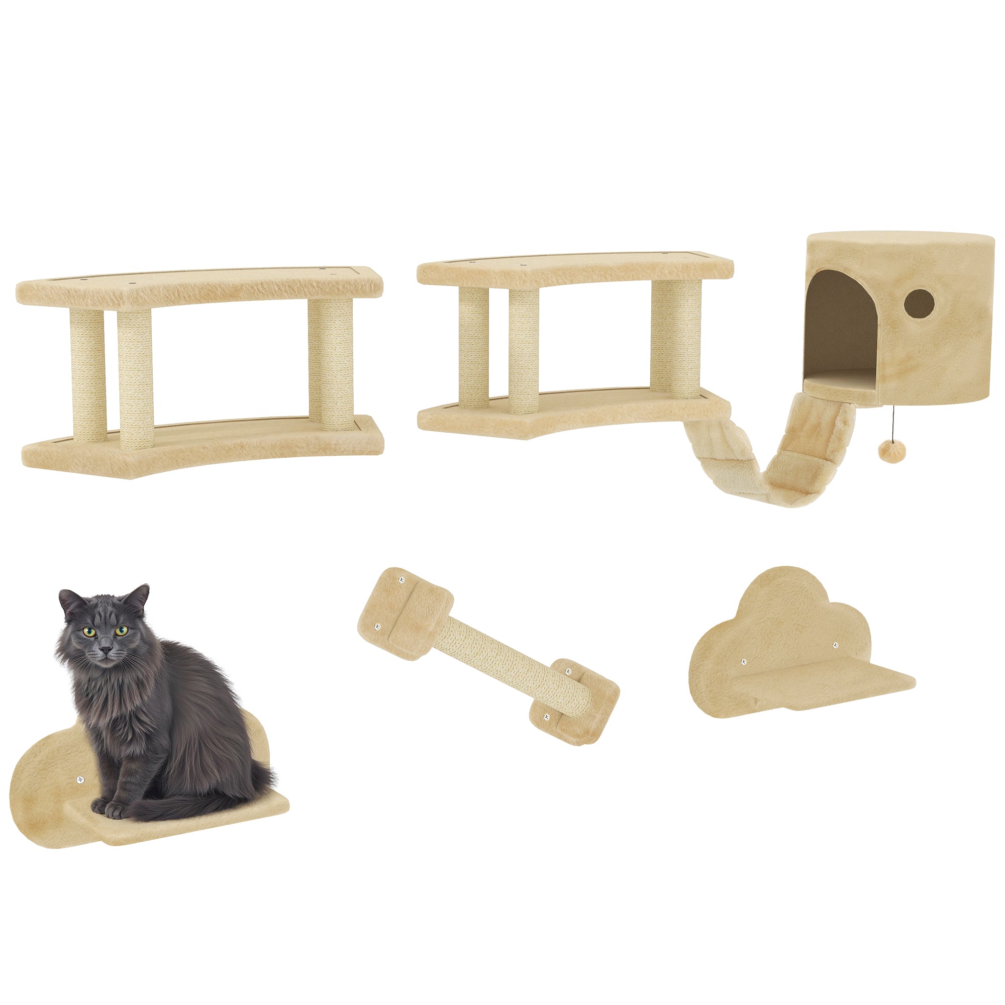 Cat Climbing Wall Set, 5-piece Cat Furniture with Scratching Post, Jumping Platforms, Ladder, House, Cat Wall Structure, for Cats up to 5 kg, Plush, Beige