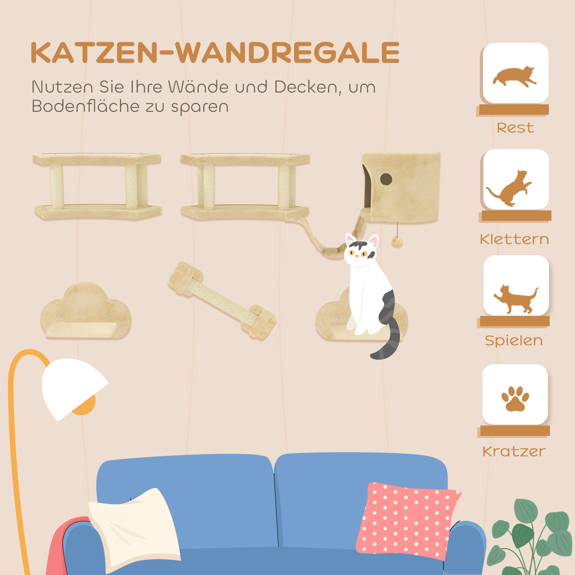 Cat Climbing Wall Set, 5-piece Cat Furniture with Scratching Post, Jumping Platforms, Ladder, House, Cat Wall Structure, for Cats up to 5 kg, Plush, Beige