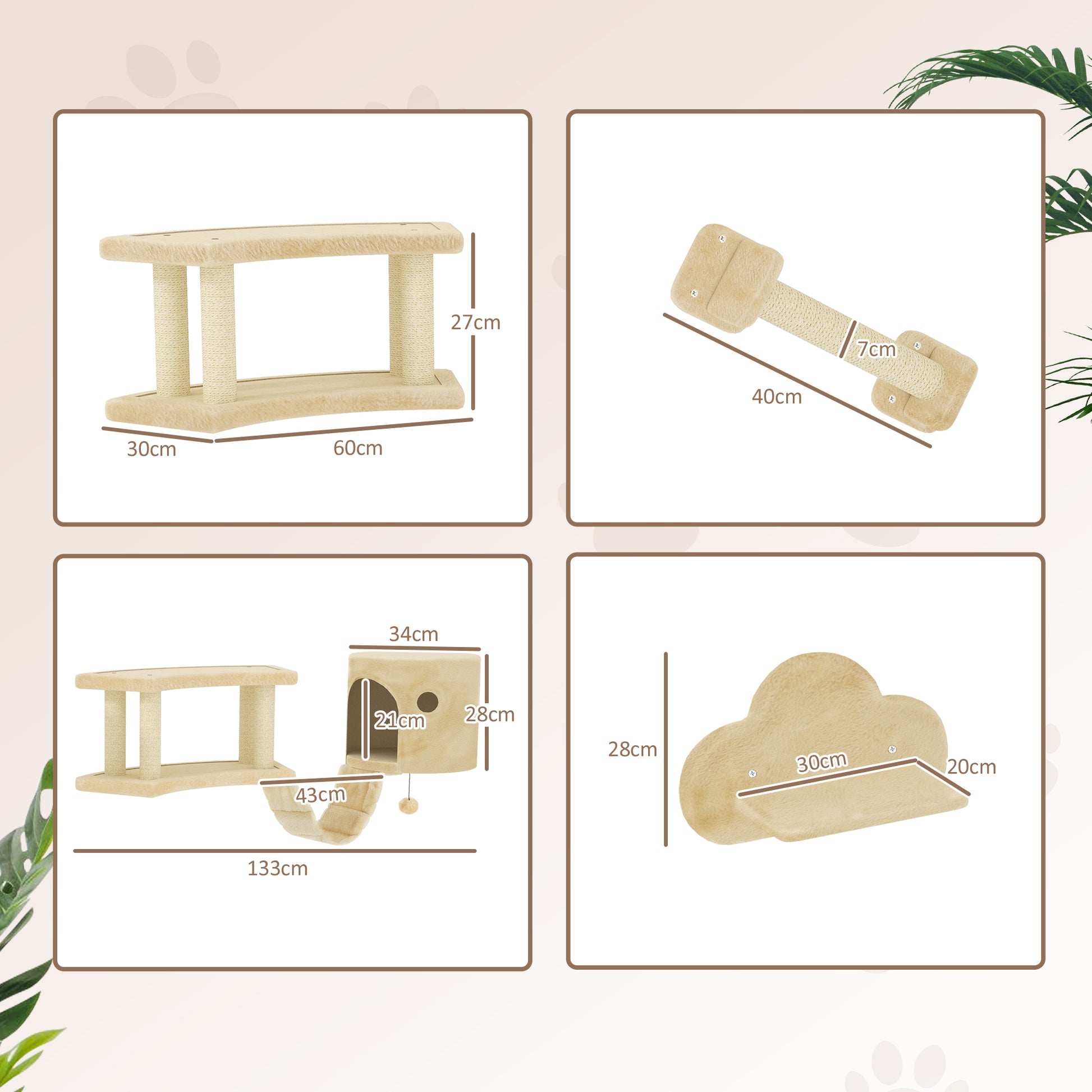 Cat Climbing Wall Set, 5-piece Cat Furniture with Scratching Post, Jumping Platforms, Ladder, House, Cat Wall Structure, for Cats up to 5 kg, Plush, Beige
