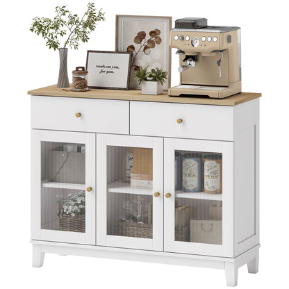 Sideboard with 3 Ribbed Glass Doors Modern Sideboard with 2 Drawers and Adjustable Shelves for Dining Room Entryway White 100x35x80.3 cm