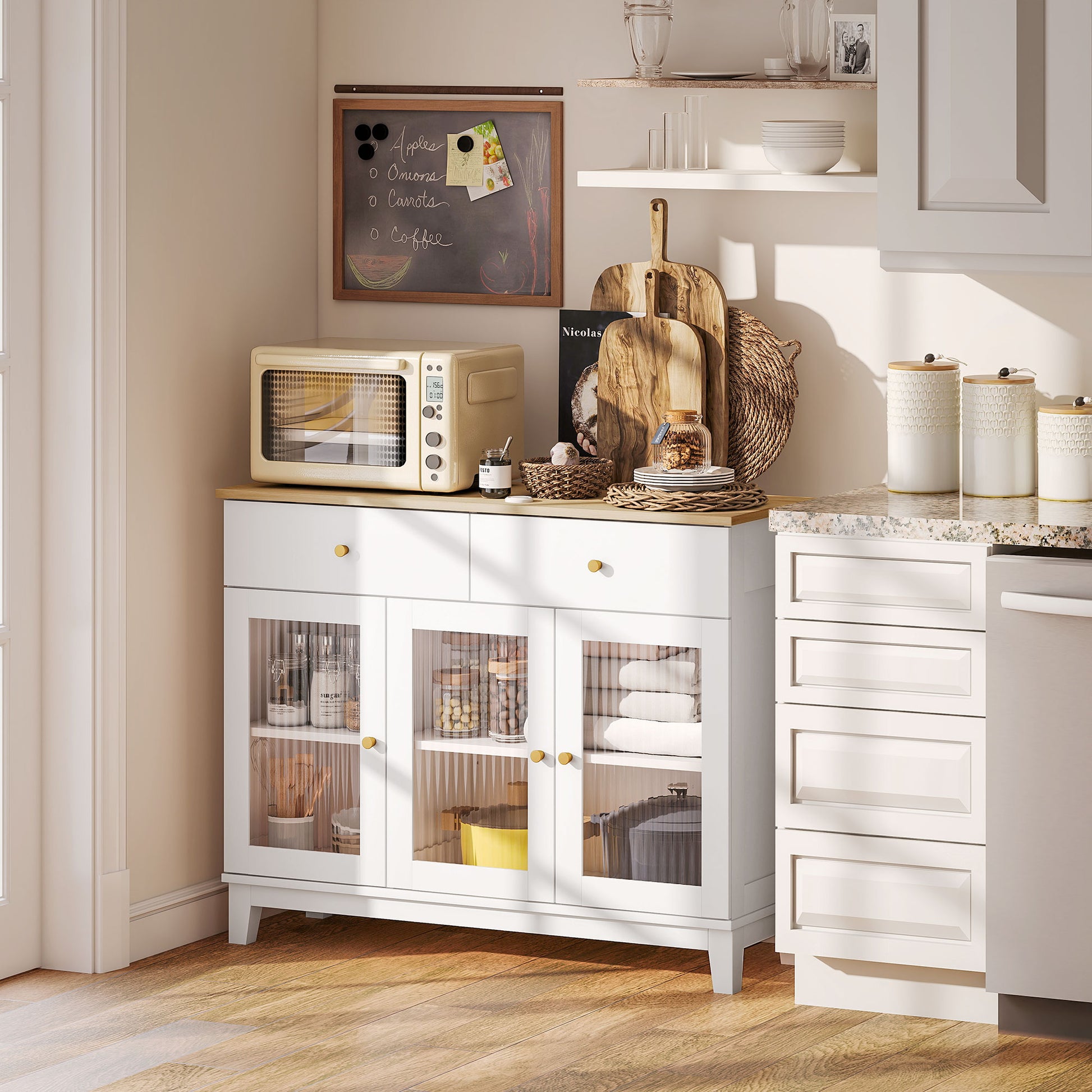 Sideboard with 3 Ribbed Glass Doors Modern Sideboard with 2 Drawers and Adjustable Shelves for Dining Room Entryway White 100x35x80.3 cm