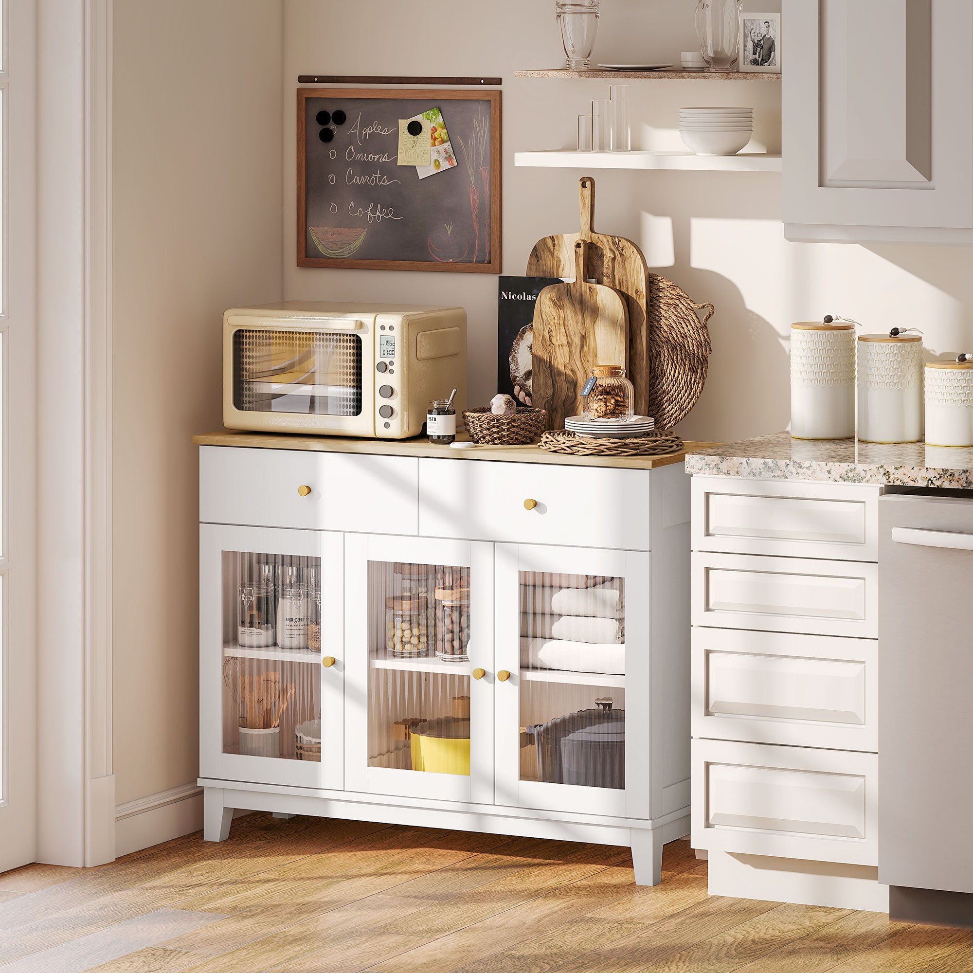 Sideboard with 3 Ribbed Glass Doors Modern Sideboard with 2 Drawers and Adjustable Shelves for Dining Room Entryway White 100x35x80.3 cm