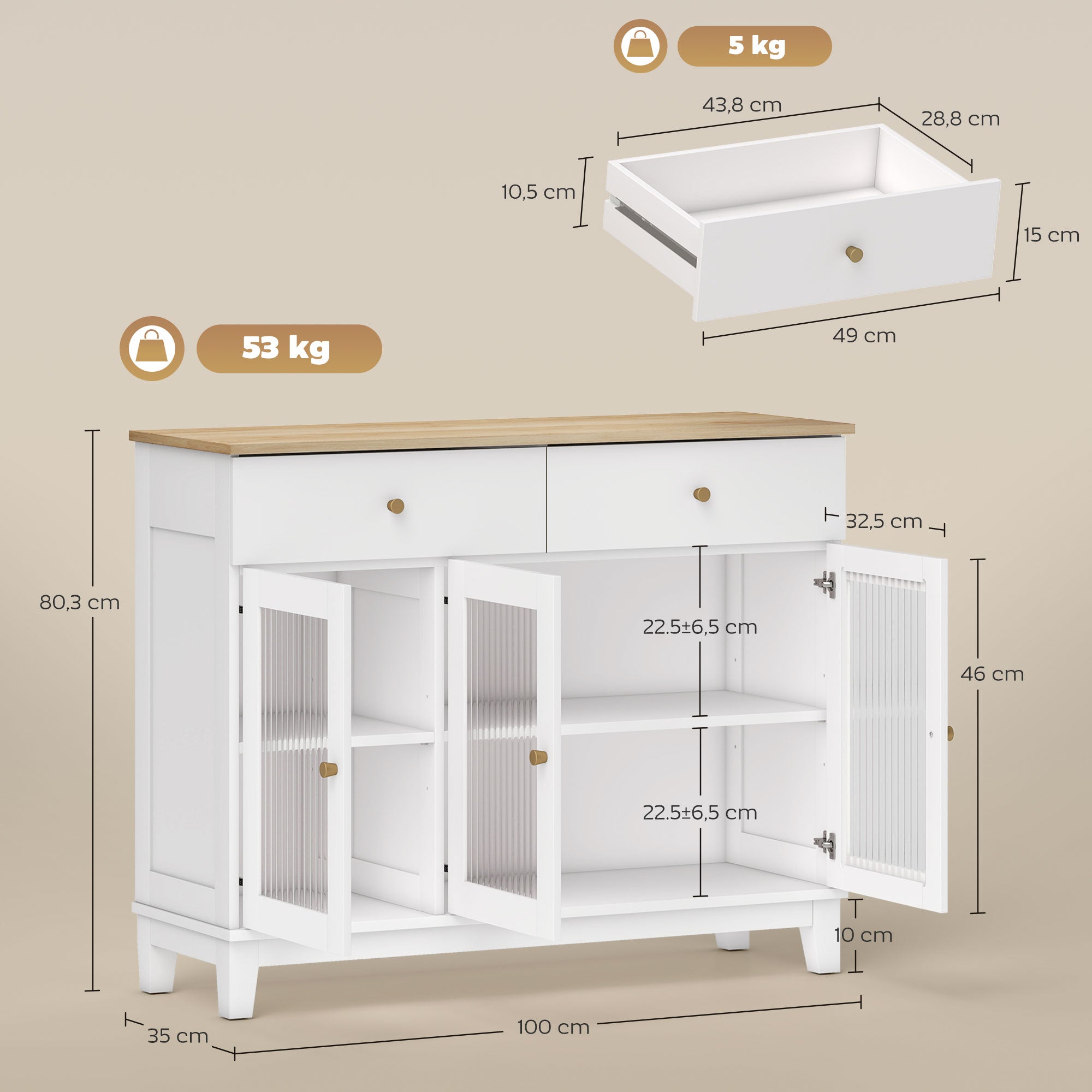 Sideboard with 3 Ribbed Glass Doors Modern Sideboard with 2 Drawers and Adjustable Shelves for Dining Room Entryway White 100x35x80.3 cm