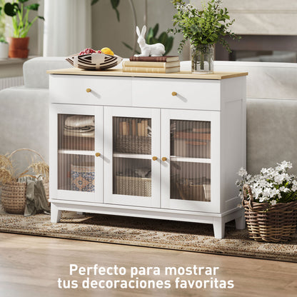 Sideboard with 3 Ribbed Glass Doors Modern Sideboard with 2 Drawers and Adjustable Shelves for Dining Room Entryway White 100x35x80.3 cm