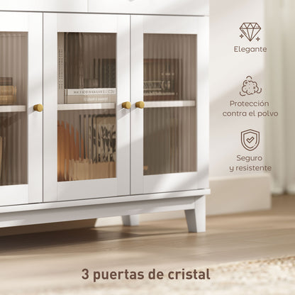Sideboard with 3 Ribbed Glass Doors Modern Sideboard with 2 Drawers and Adjustable Shelves for Dining Room Entryway White 100x35x80.3 cm