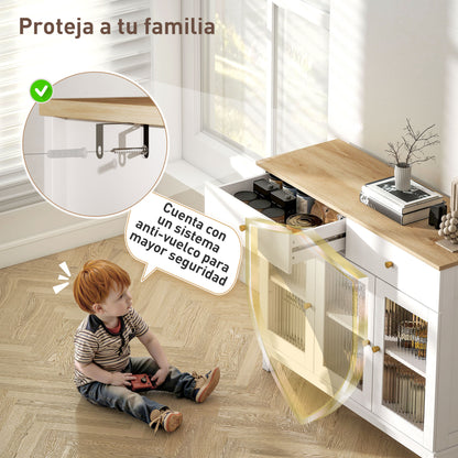 Sideboard with 3 Ribbed Glass Doors Modern Sideboard with 2 Drawers and Adjustable Shelves for Dining Room Entryway White 100x35x80.3 cm