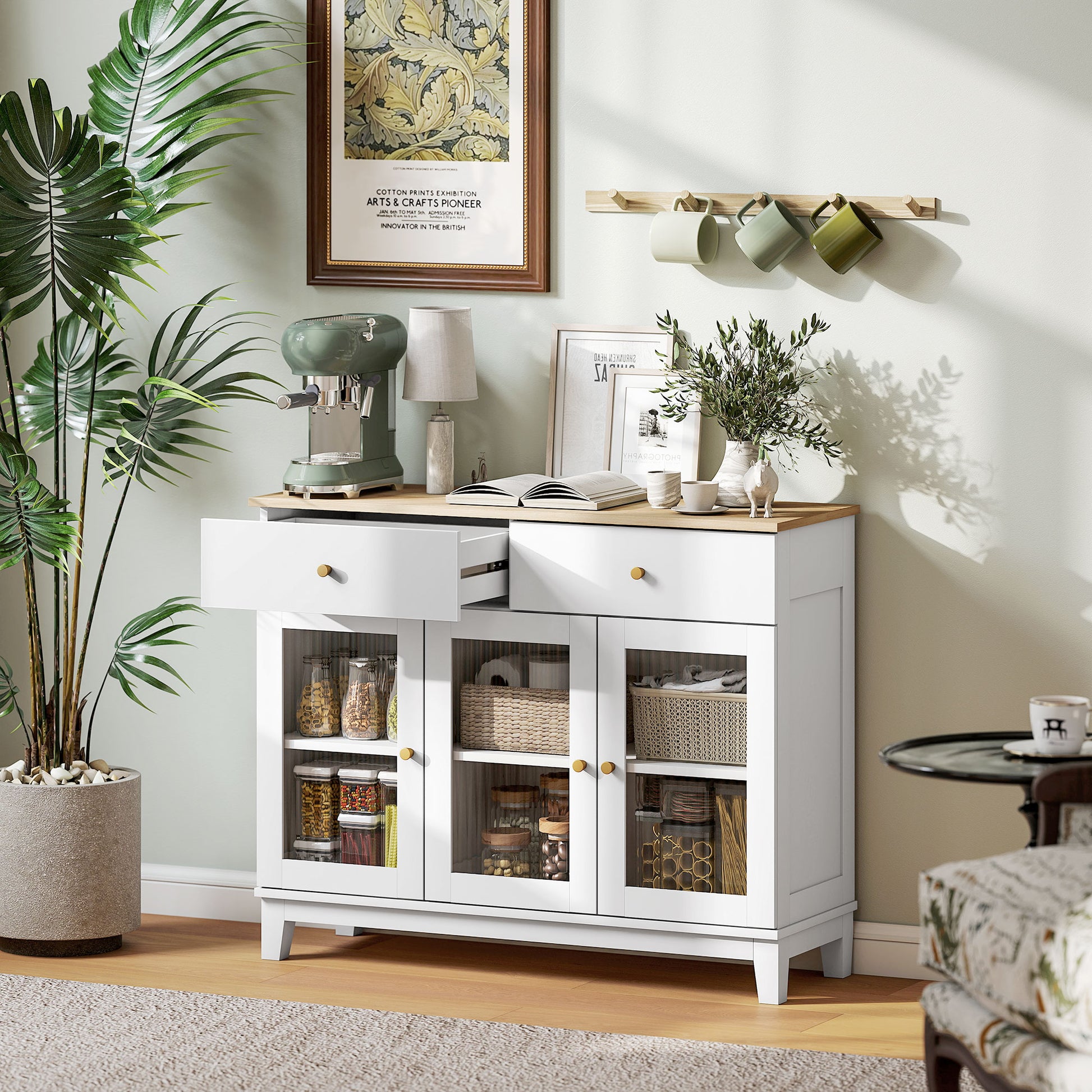Sideboard with 3 Ribbed Glass Doors Modern Sideboard with 2 Drawers and Adjustable Shelves for Dining Room Entryway White 100x35x80.3 cm