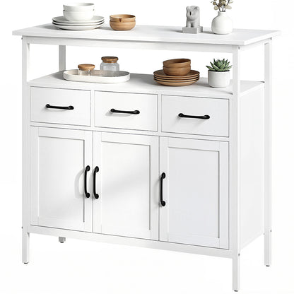 Kitchen Sideboard, Storage Cabinet with 3 Doors, 3 Drawers, Open Compartment & Adjustable Shelves, Modern Style for Living Room & Bedroom, 95 x 35 x 88 cm (37.4 x 13.8 x 34.6 in), White