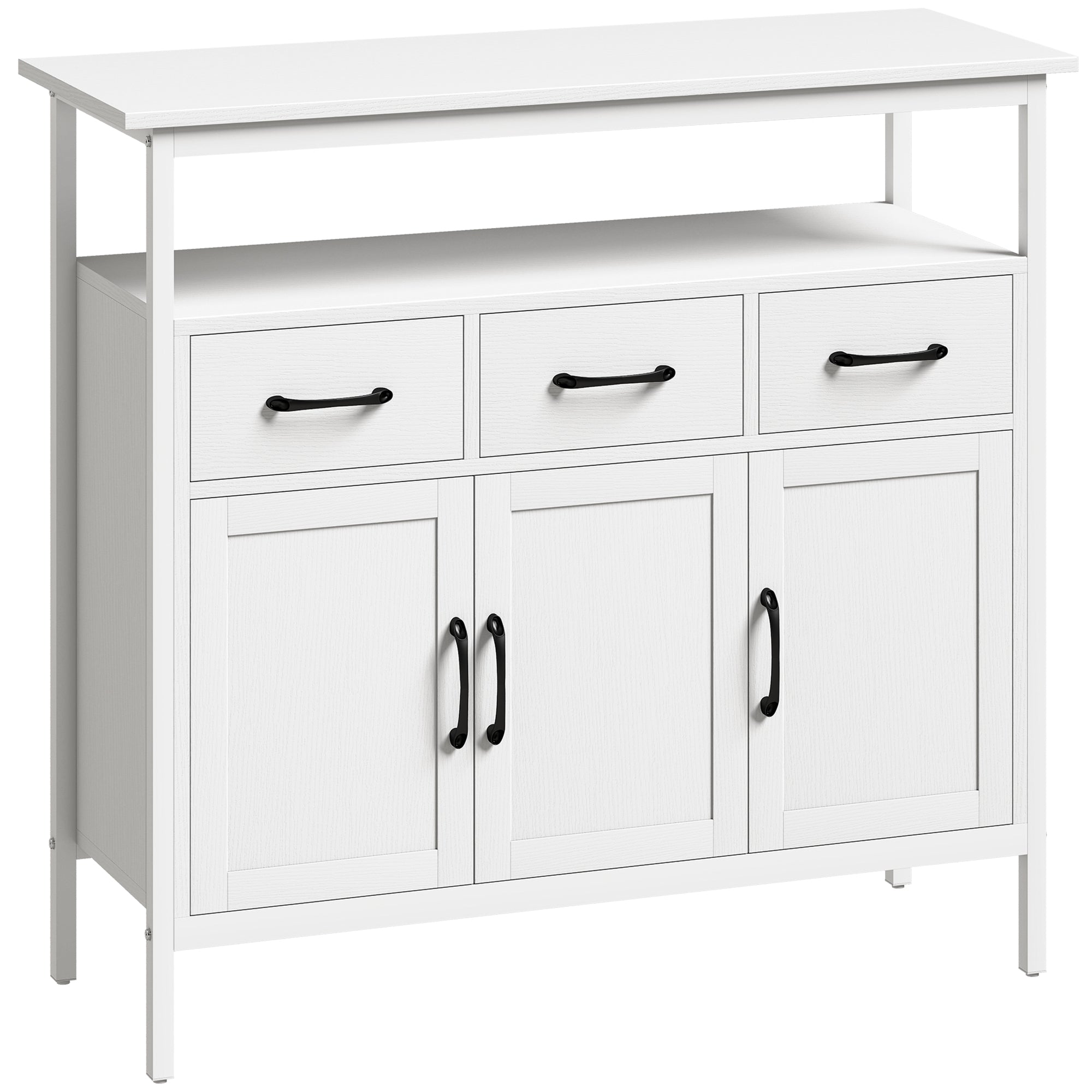 Kitchen Sideboard, Storage Cabinet with 3 Doors, 3 Drawers, Open Compartment & Adjustable Shelves, Modern Style for Living Room & Bedroom, 95 x 35 x 88 cm (37.4 x 13.8 x 34.6 in), White