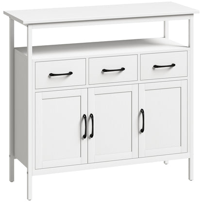 Kitchen Sideboard, Storage Cabinet with 3 Doors, 3 Drawers, Open Compartment & Adjustable Shelves, Modern Style for Living Room & Bedroom, 95 x 35 x 88 cm (37.4 x 13.8 x 34.6 in), White