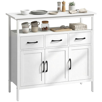 Kitchen Sideboard, Storage Cabinet with 3 Doors, 3 Drawers, Open Compartment & Adjustable Shelves, Modern Style for Living Room & Bedroom, 95 x 35 x 88 cm (37.4 x 13.8 x 34.6 in), White