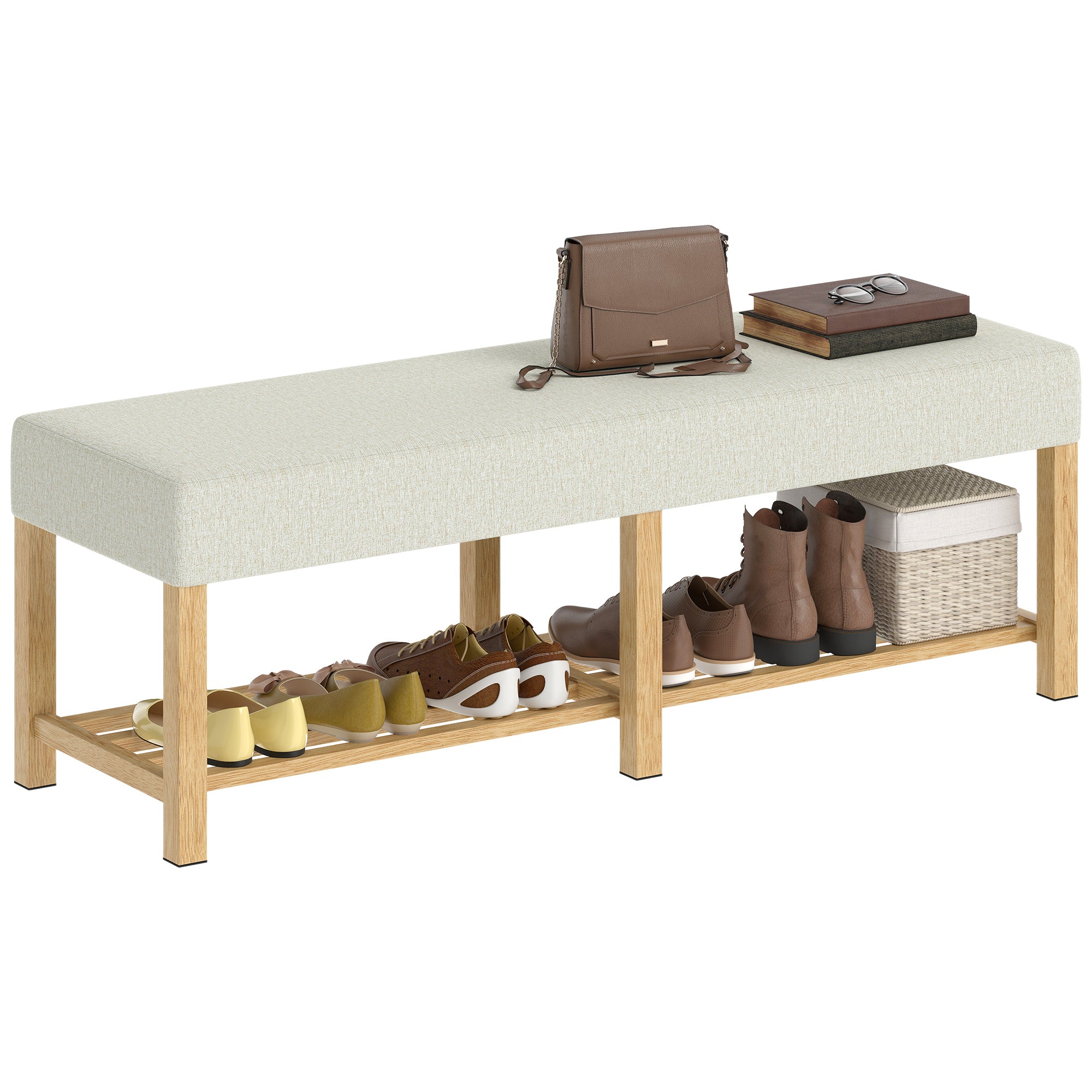 Shoe Bench — Modern Entryway Bench with Padded Seat for 2, Open Shoe Shelf, Rubberwood Frame, for Entryway, Hall, Living Room, 55.1 x 17.3 x 18.9 in, Cream & Natural Wood