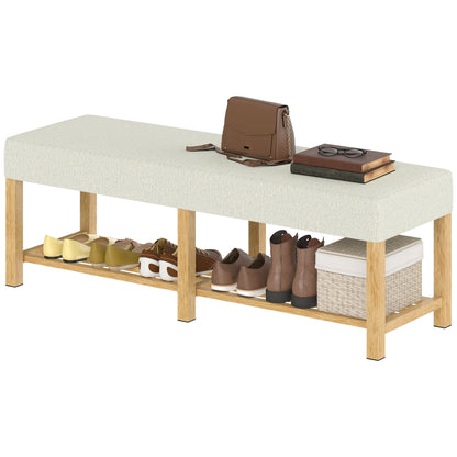 Shoe Bench — Modern Entryway Bench with Padded Seat for 2, Open Shoe Shelf, Rubberwood Frame, for Entryway, Hall, Living Room, 55.1 x 17.3 x 18.9 in, Cream & Natural Wood