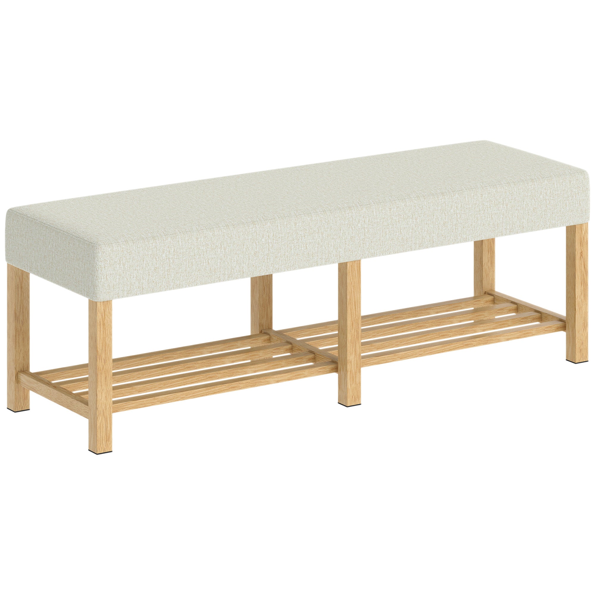 Shoe Bench — Modern Entryway Bench with Padded Seat for 2, Open Shoe Shelf, Rubberwood Frame, for Entryway, Hall, Living Room, 55.1 x 17.3 x 18.9 in, Cream & Natural Wood