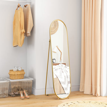 Full-Length Mirror, 160 x 40 cm Wall Mirror with Stand, Metal Frame, Oval Floor Mirror for Living Room, Bedroom, Gold