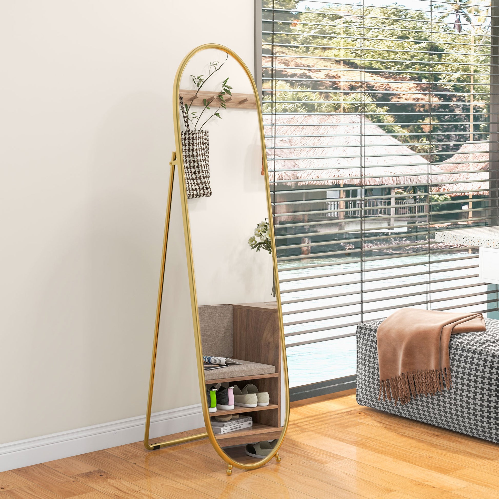 Full-Length Mirror, 160 x 40 cm Wall Mirror with Stand, Metal Frame, Oval Floor Mirror for Living Room, Bedroom, Gold