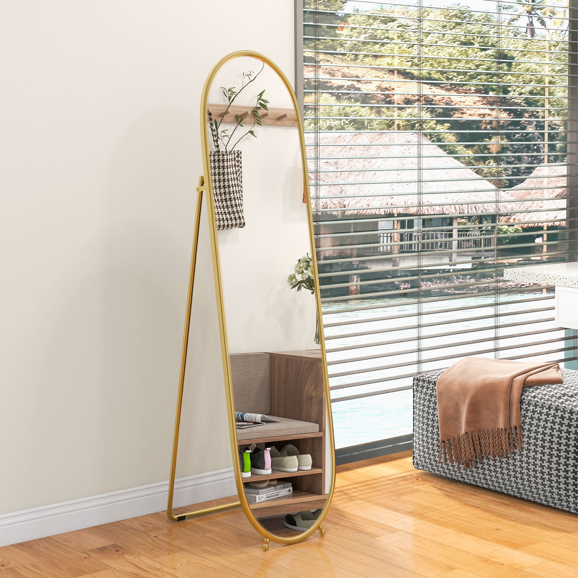 Full-Length Mirror, 160 x 40 cm Wall Mirror with Stand, Metal Frame, Oval Floor Mirror for Living Room, Bedroom, Gold
