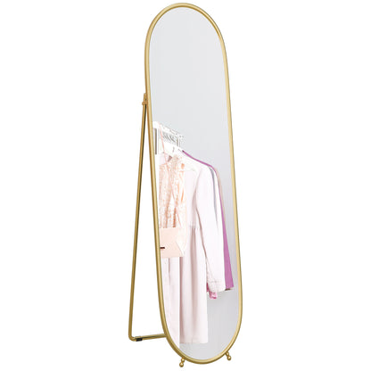 Full-Length Mirror, 160 x 40 cm Wall Mirror with Stand, Metal Frame, Oval Floor Mirror for Living Room, Bedroom, Gold