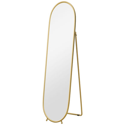 Full-Length Mirror, 160 x 40 cm Wall Mirror with Stand, Metal Frame, Oval Floor Mirror for Living Room, Bedroom, Gold