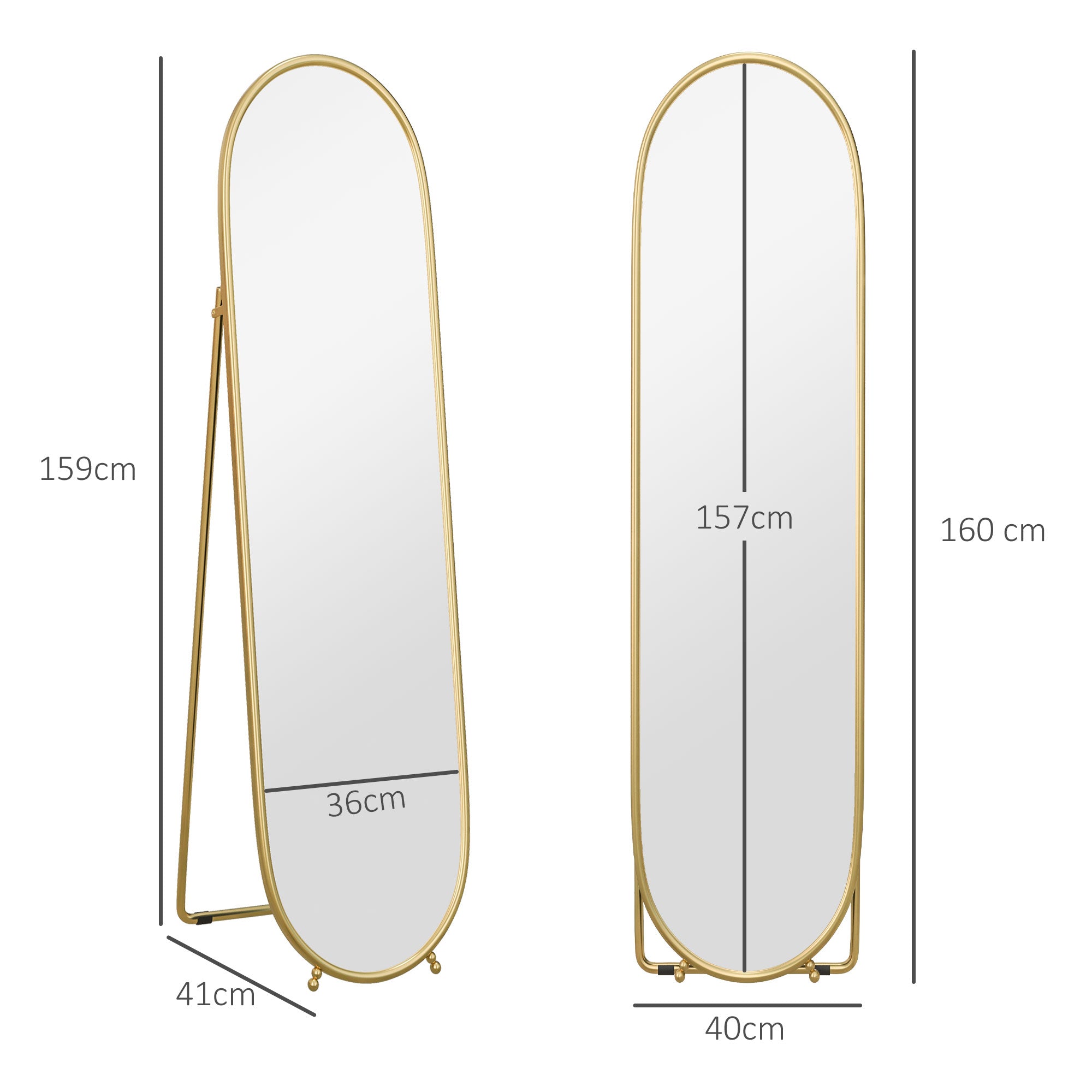 Full-Length Mirror, 160 x 40 cm Wall Mirror with Stand, Metal Frame, Oval Floor Mirror for Living Room, Bedroom, Gold