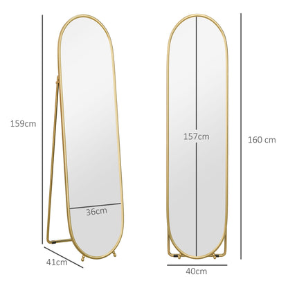 Full-Length Mirror, 160 x 40 cm Wall Mirror with Stand, Metal Frame, Oval Floor Mirror for Living Room, Bedroom, Gold