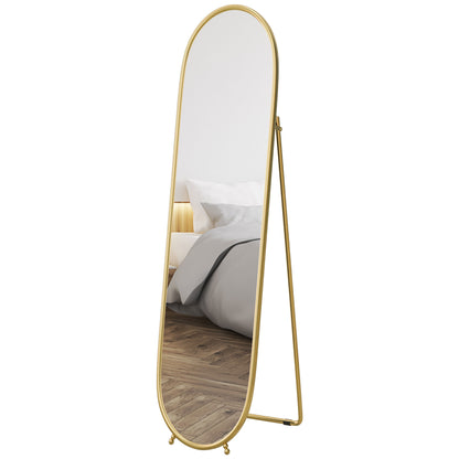 Full-Length Mirror, 160 x 40 cm Wall Mirror with Stand, Metal Frame, Oval Floor Mirror for Living Room, Bedroom, Gold