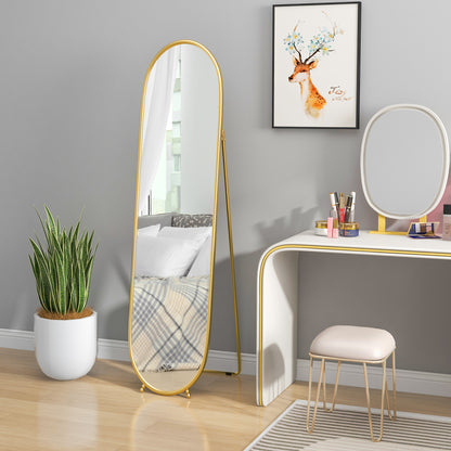 Full-Length Mirror, 160 x 40 cm Wall Mirror with Stand, Metal Frame, Oval Floor Mirror for Living Room, Bedroom, Gold