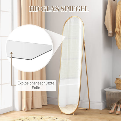 Full-Length Mirror, 160 x 40 cm Wall Mirror with Stand, Metal Frame, Oval Floor Mirror for Living Room, Bedroom, Gold