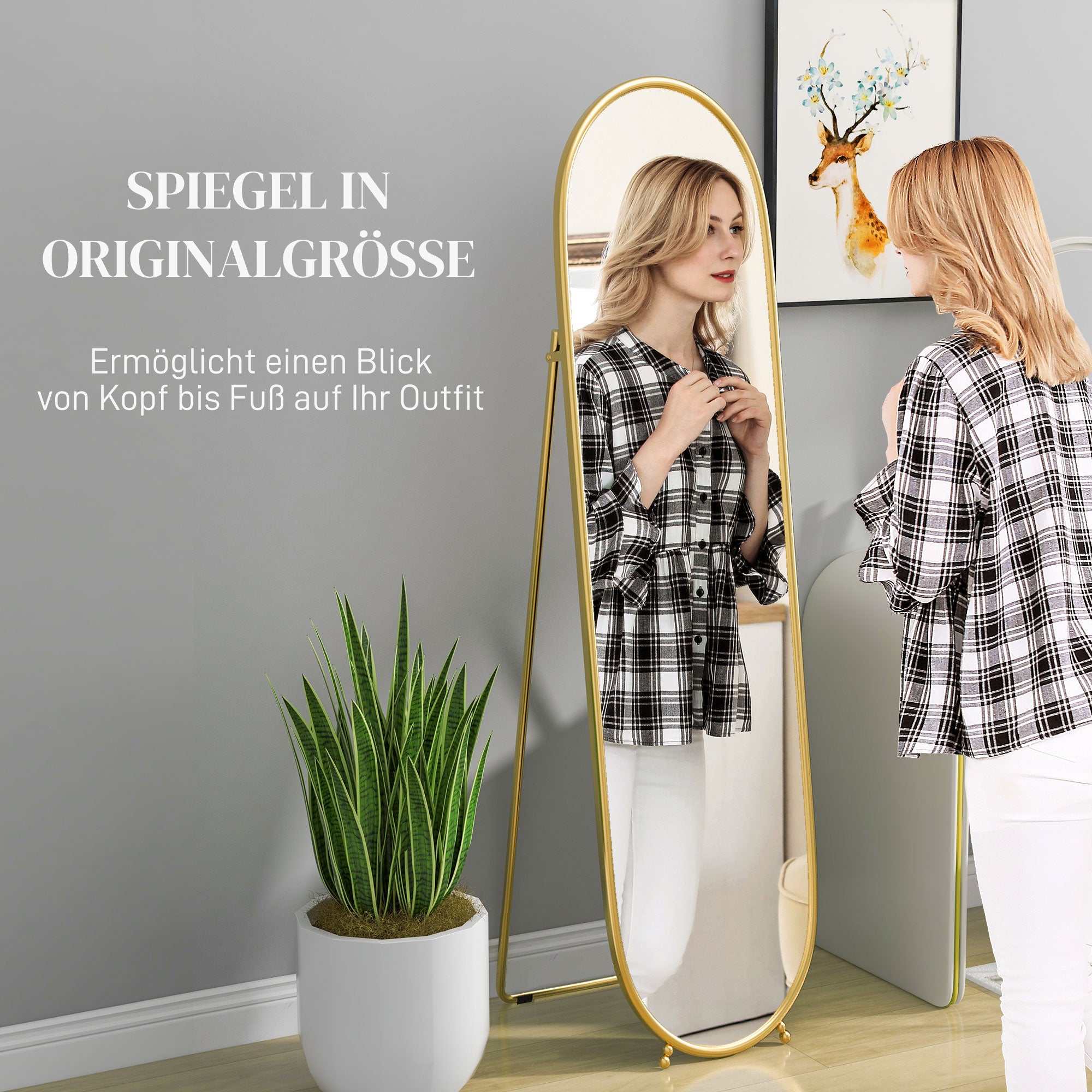 Full-Length Mirror, 160 x 40 cm Wall Mirror with Stand, Metal Frame, Oval Floor Mirror for Living Room, Bedroom, Gold