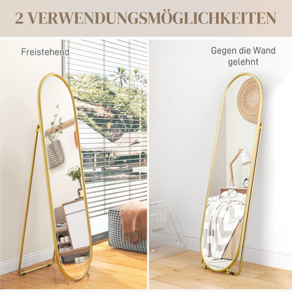 Full-Length Mirror, 160 x 40 cm Wall Mirror with Stand, Metal Frame, Oval Floor Mirror for Living Room, Bedroom, Gold