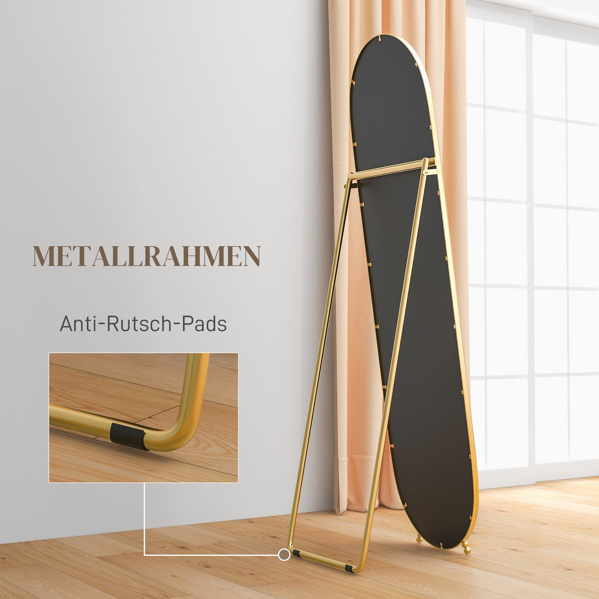 Full-Length Mirror, 160 x 40 cm Wall Mirror with Stand, Metal Frame, Oval Floor Mirror for Living Room, Bedroom, Gold