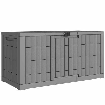 379 L Lockable Outdoor Storage Chest with Gas Strut — UV-Resistant Wood-Effect, Coffee Brown, 122.5 x 56 x 62 cm