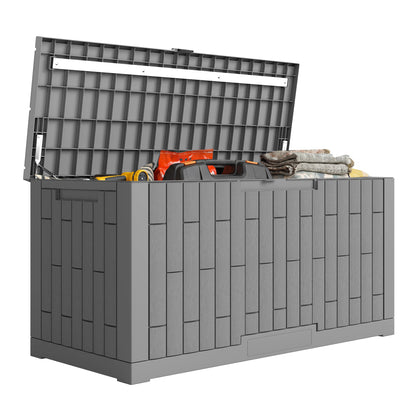 379 L Lockable Outdoor Storage Chest with Gas Strut — UV-Resistant Wood-Effect, Coffee Brown, 122.5 x 56 x 62 cm