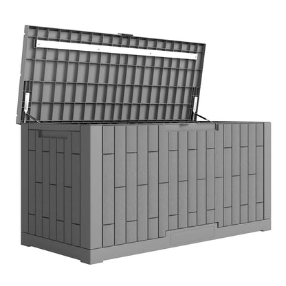 379 L Lockable Outdoor Storage Chest with Gas Strut — UV-Resistant Wood-Effect, Coffee Brown, 122.5 x 56 x 62 cm