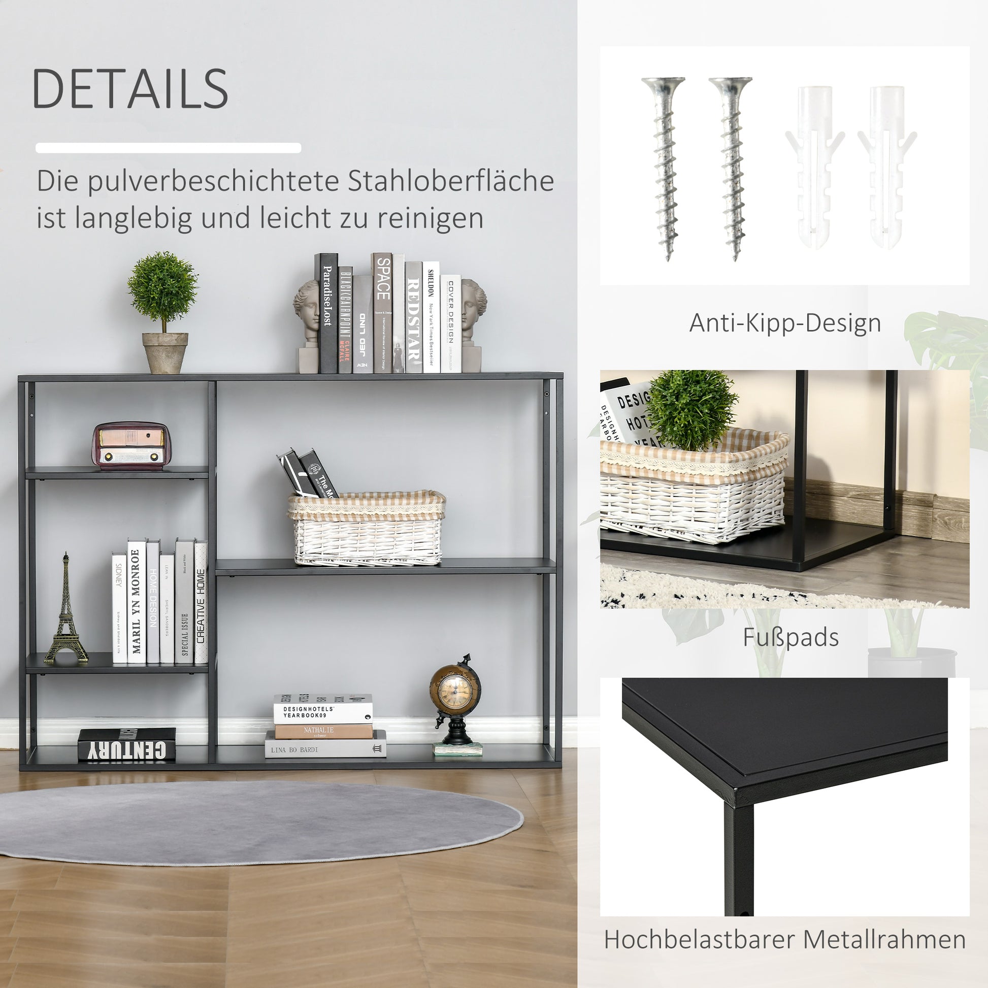Bookshelf with 5 Open Compartments, Storage Shelf with Metal Frame, Cube Shelf for Kitchen, Living Room, Black, 120 x 35 x 87.5 cm